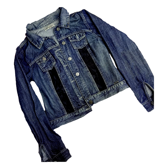 Casaca Jean Azul Oscuro con Franjas Negras – Talla M